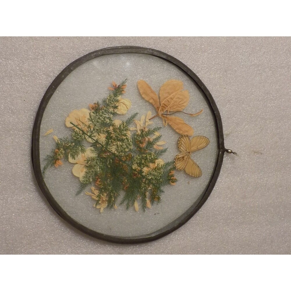 Silver Framed Round Dried Flowers & Butterfly Glass Hanging Window/Wall Decor - Picture 2 of 2